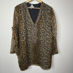 Ulla Popken Animal‎ Print Sequin Beaded Tunic Top Size 16/18 Boho Fairycore